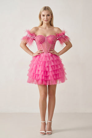 Hot Pink A Line Off the Shoulder Beaded Homecoming Dress with Feathers | KISSPROM