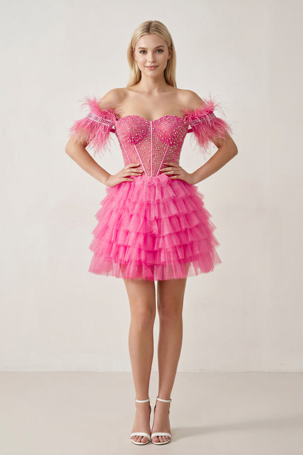 Hot Pink A Line Off the Shoulder Beaded Homecoming Dress with Feathers | KISSPROM