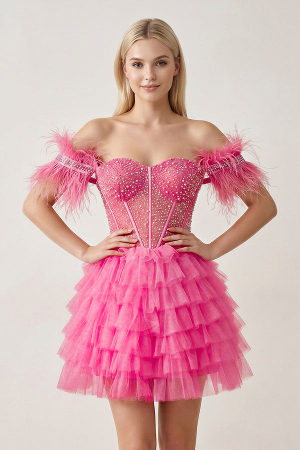 Hot Pink A Line Off the Shoulder Beaded Homecoming Dress with Feathers | KISSPROM