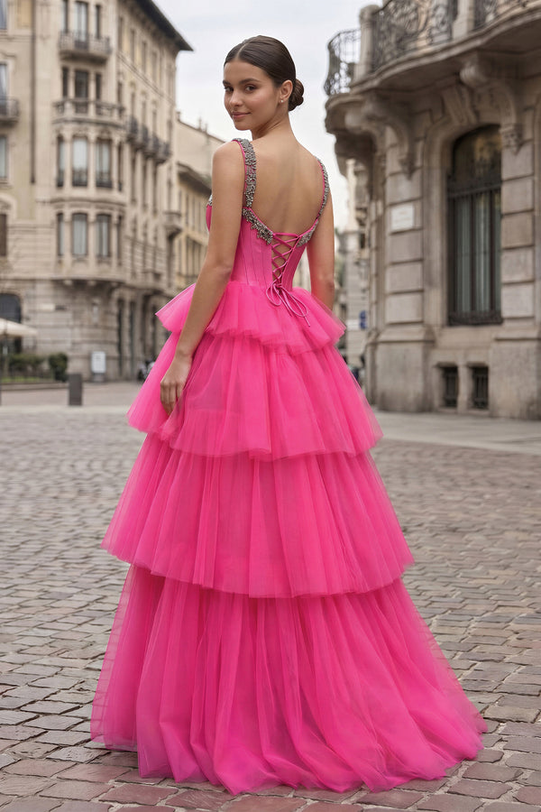 Hot Pink A Line Off the Shoulder Tulle Long Prom Dresses with Beading (2) | KISSPROM