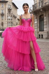 Hot Pink A Line Off the Shoulder Tulle Long Prom Dresses with Beading | KISSPROM