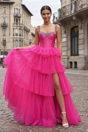 Hot Pink A Line Off the Shoulder Tulle Long Prom Dresses with Beading | KISSPROM