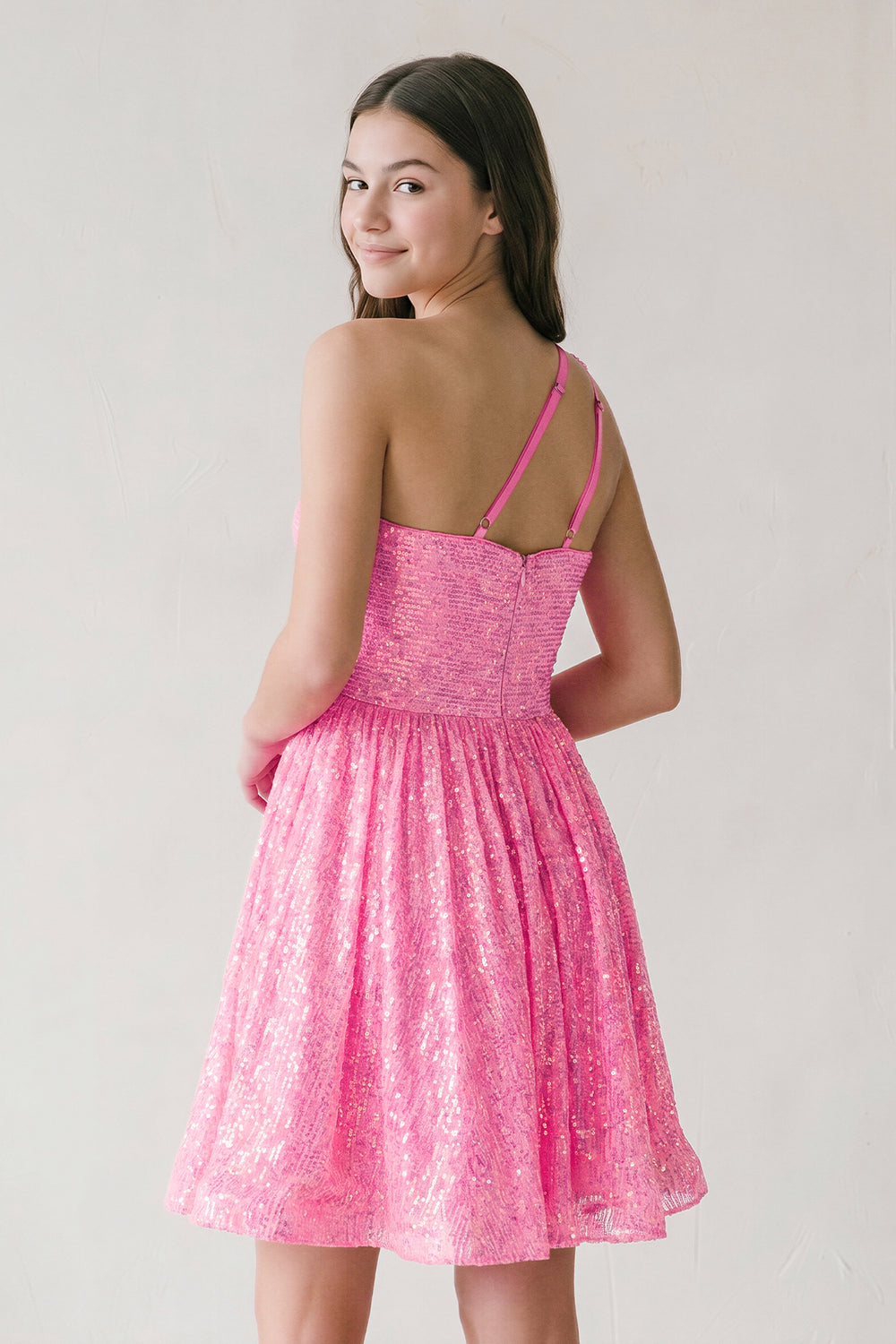 Hot Pink A-Line One Shoulder Sequins Homecoming Dress | KISSPROM
