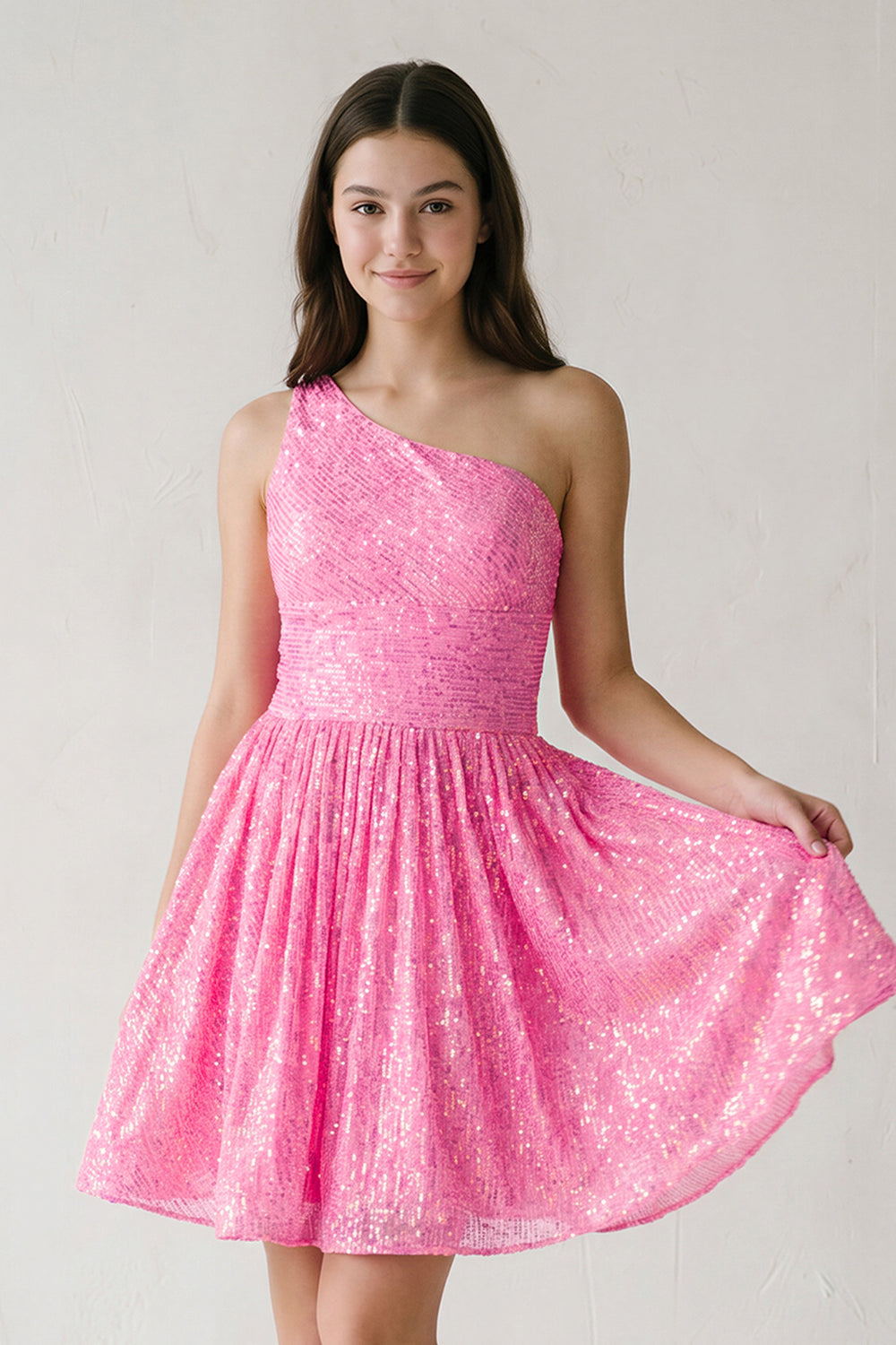 Hot Pink A-Line One Shoulder Sequins Homecoming Dress | KISSPROM