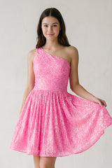 Hot Pink A-Line One Shoulder Sequins Homecoming Dress | KISSPROM