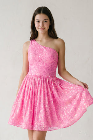 Hot Pink A-Line One Shoulder Sequins Homecoming Dress | KISSPROM