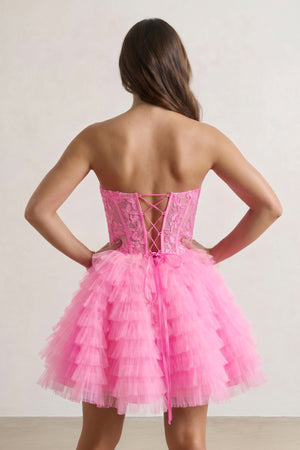 Hot Pink A-Line Ruffled Strapless Corset Short Homecoming Dress (2) | KISSPROM