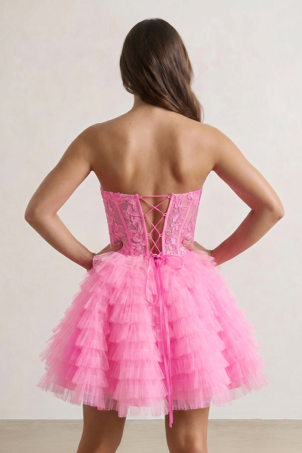 Hot Pink A-Line Ruffled Strapless Corset Short Homecoming Dress (2) | KISSPROM