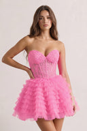 Hot Pink A-Line Ruffled Strapless Corset Short Homecoming Dress | KISSPROM