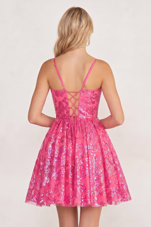 Hot Pink A-line Spaghetti Straps V Neck Lace Homecoming Dress | KISSPROM