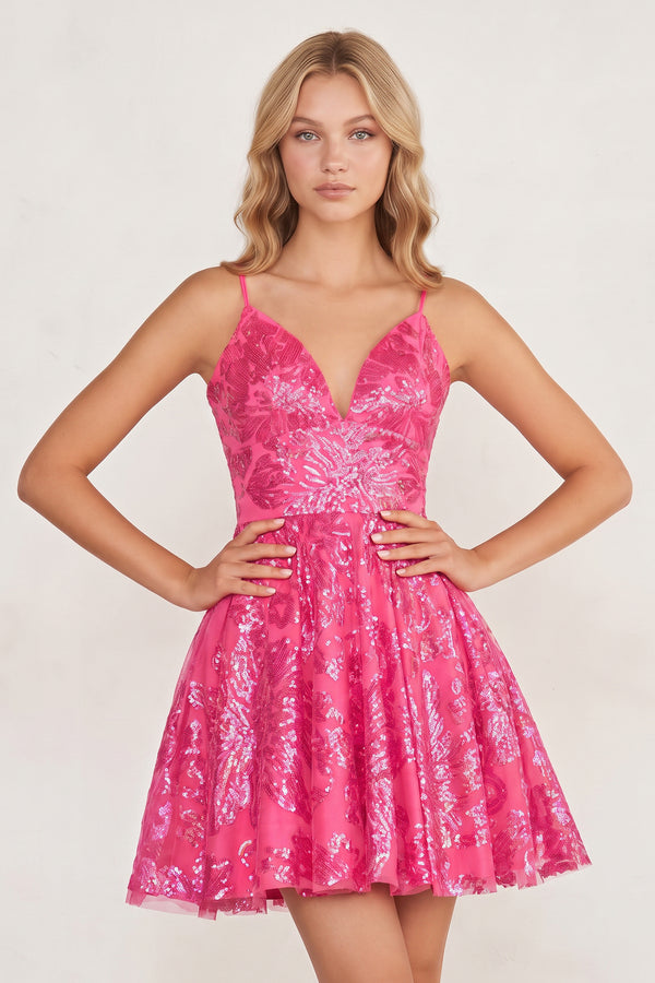 Hot Pink A-line Spaghetti Straps V Neck Lace Homecoming Dress | KISSPROM