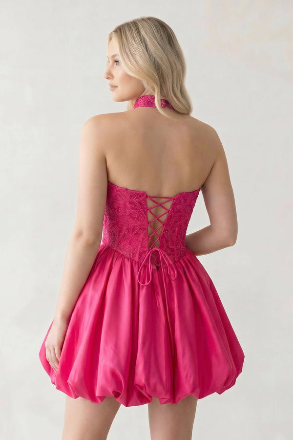 Hot Pink A Line Strapless Corset Beaded Bubble Hem Homecoming Dress with Choker | KISSPROM