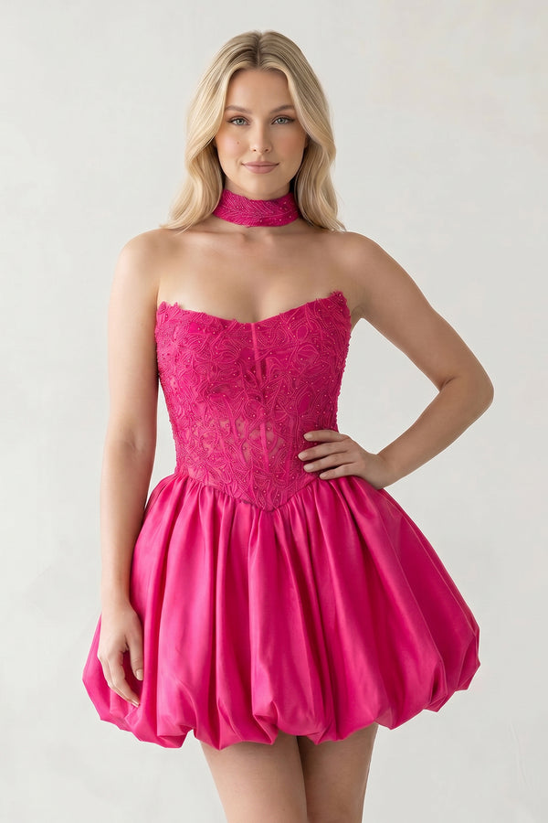 Hot Pink A Line Strapless Corset Beaded Bubble Hem Homecoming Dress with Choker | KISSPROM