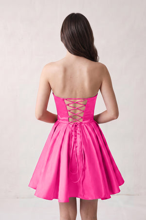 Hot Pink A Line Strapless Satin Homecoming Dress (2) | KISSPROM