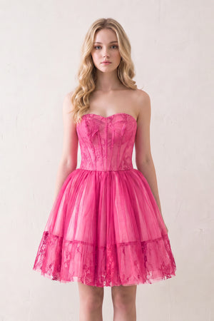 Hot Pink A line Strapless Tulle Homecoming Dress | KISSPROM