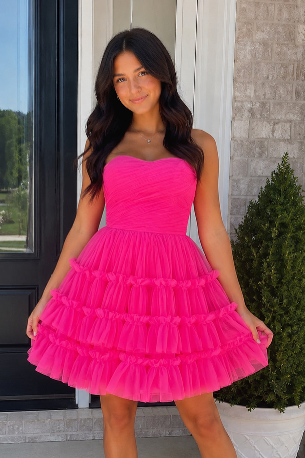 Hot Pink A-Line Sweetheart Tulle Tiered Corset Short Homecoming Dress - KissProm