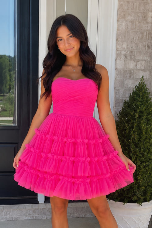 Fuchsia A-Line Sweetheart Tulle Tiered Corset Short Homecoming Dress - KissProm