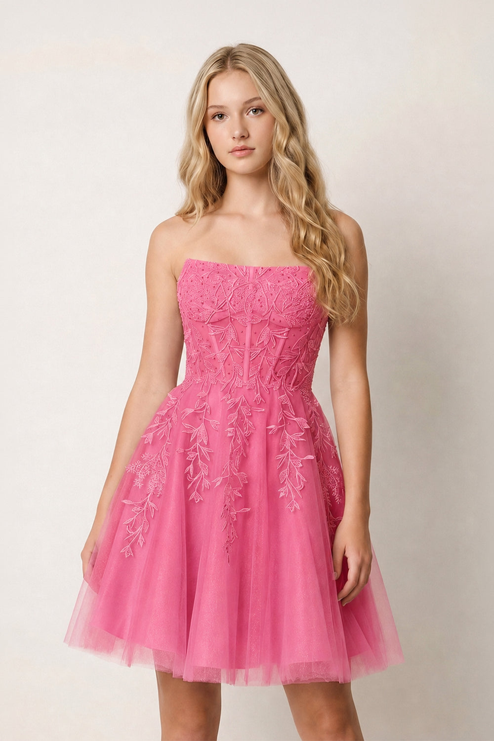 Hot Pink A-Line Tulle Lace Homecoming Dress with Appliques | KISSPROM