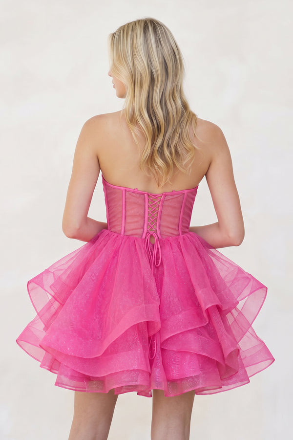 Hot Pink A-Line Tulle Short Homecoming Dress with Ruffles | KISSPROM