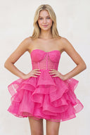 Hot Pink A-Line Tulle Short Homecoming Dress with Ruffles | KISSPROM