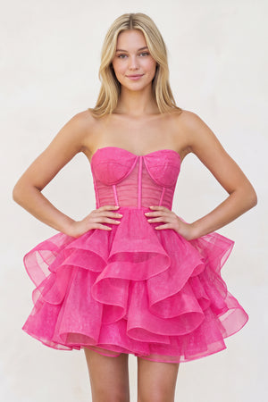 Hot Pink A-Line Tulle Short Homecoming Dress with Ruffles | KISSPROM