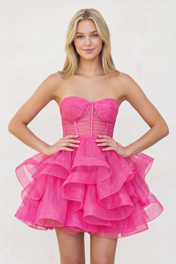 Hot Pink A-Line Tulle Short Homecoming Dress with Ruffles | KISSPROM