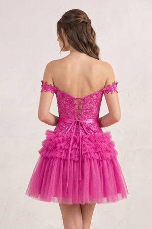 Hot Pink A Line Tulle Tiered Short Homecoming Dress | KISSPROM
