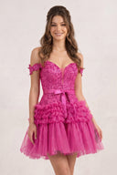 Hot Pink A Line Tulle Tiered Short Homecoming Dress | KISSPROM