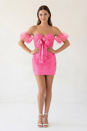 Hot Pink Sheath Sweetheart Lace Bow Short Homecoming Dress with Puff Sleeves - KISSPROM