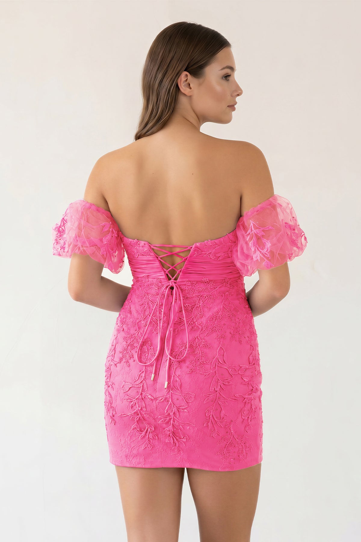 KissProm Sheath Sweetheart Lace Bow Short Homecoming Dress with Puff Sleeves, Hot Pink / 0