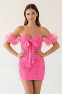 Hot Pink Sheath Sweetheart Lace Bow Short Homecoming Dress with Puff Sleeves - KISSPROM