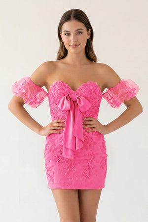 Hot Pink Sheath Sweetheart Lace Bow Short Homecoming Dress with Puff Sleeves - KISSPROM