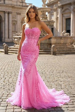 KissProm- Hot Pink Mermaid Sweetheart Tulle Lace Prom Dress