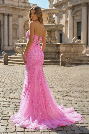 KissProm- Hot Pink Mermaid Sweetheart Tulle Lace Prom Dress