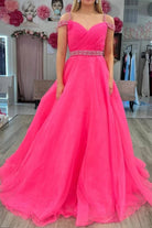 Hot Pink Beaded Cold-Shoulder A-Line Prom Dress