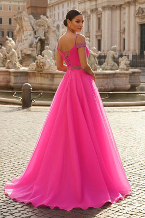 KissProm- Hot Pink Beaded Cold-Shoulder A-Line Prom Dress