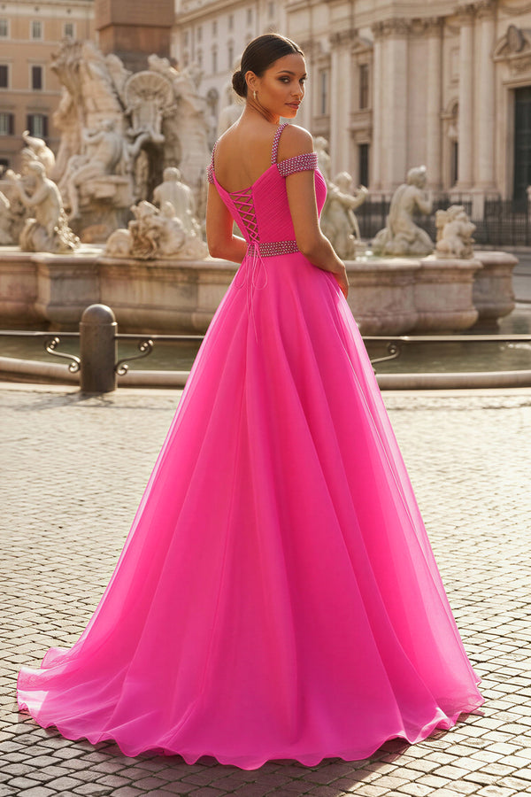 KissProm- Hot Pink Beaded Cold-Shoulder A-Line Prom Dress