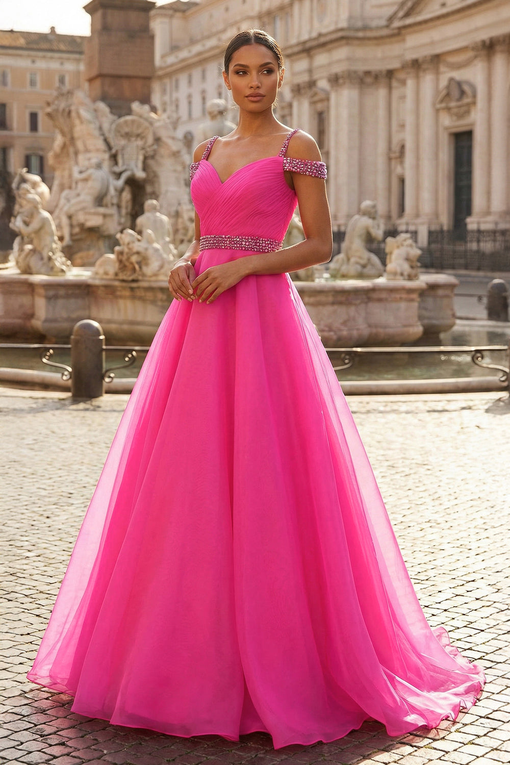KissProm- Hot Pink Beaded Cold-Shoulder A-Line Prom Dress