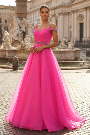 KissProm- Hot Pink Beaded Cold-Shoulder A-Line Prom Dress