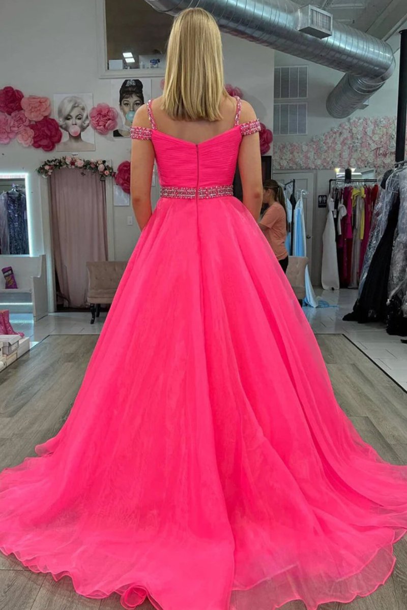 Hot Pink Beaded Cold-Shoulder A-Line Prom Dress