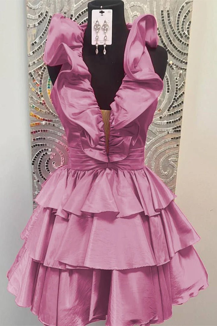 Irisia | A-Line Deep V-Neck Satin Short Homecoming Dress with Ruffles