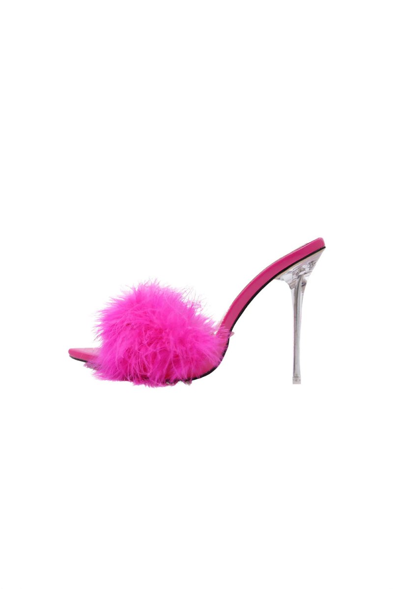 Hot Pink Feathers Pointed Toe Stiletto Sandals - KissProm