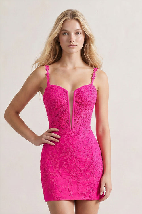 Hot Pink Fitted Straps Appliques Mini Homecoming Dress | KISSPROM
