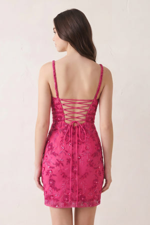 Hot Pink Floral Lace Beaded Lace-Up Back Homecoming Dress (2) | KISSPROM