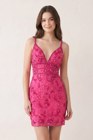 Hot Pink Floral Lace Beaded Lace-Up Back Homecoming Dress | KISSPROM