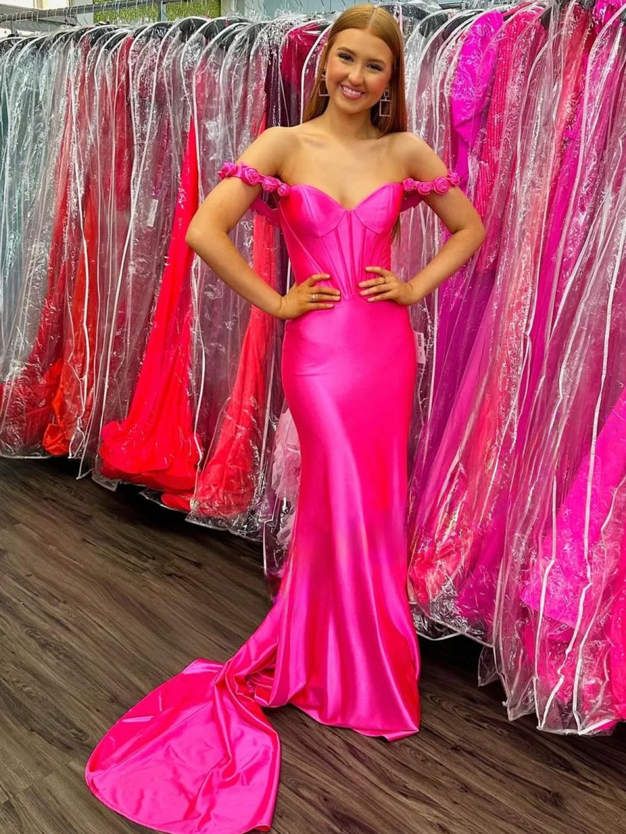 Hot Pink Floral Straps Mermaid Satin Long Prom Dress, Hot Pink / 16
