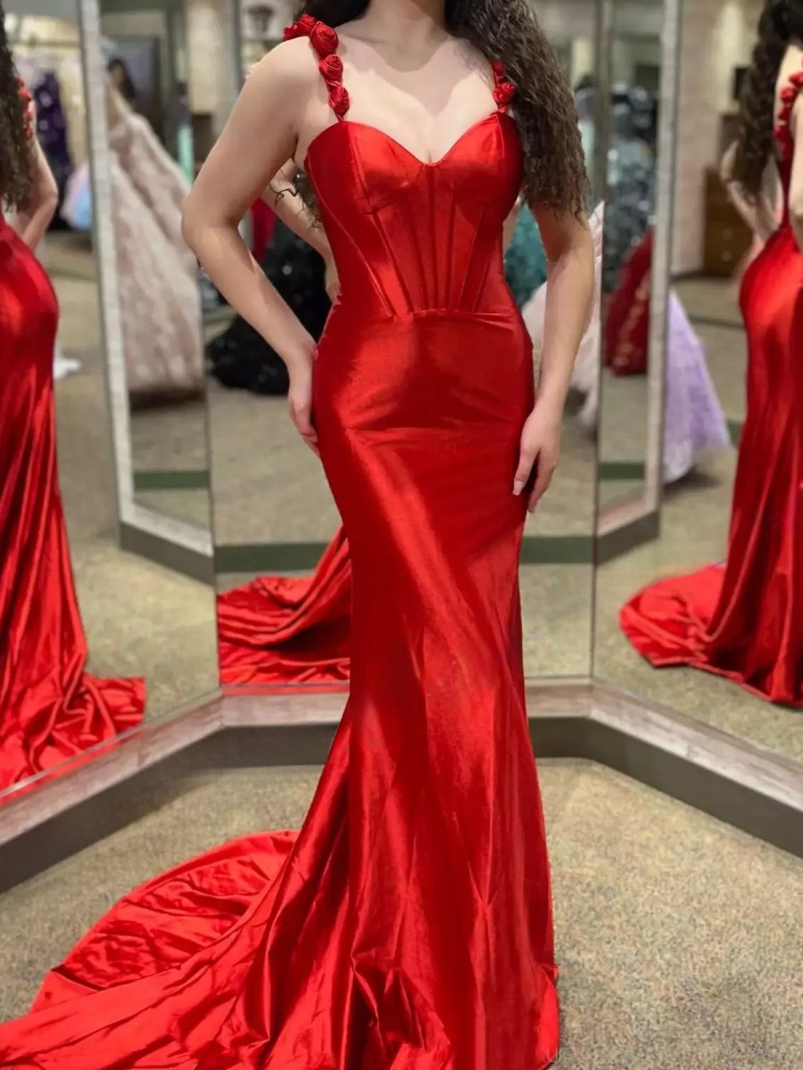 Hot Pink Floral Straps Mermaid Satin Long Prom Dress
