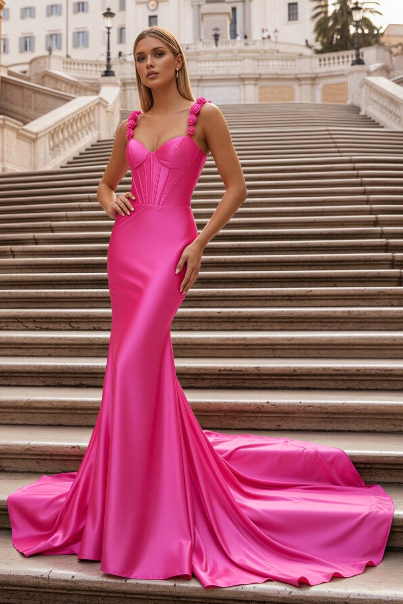 Hot Pink Floral Straps Mermaid Satin Long Prom Dress - KissProm