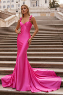 Hot Pink Floral Straps Mermaid Satin Long Prom Dress - KISSPROM PROM DRESSES