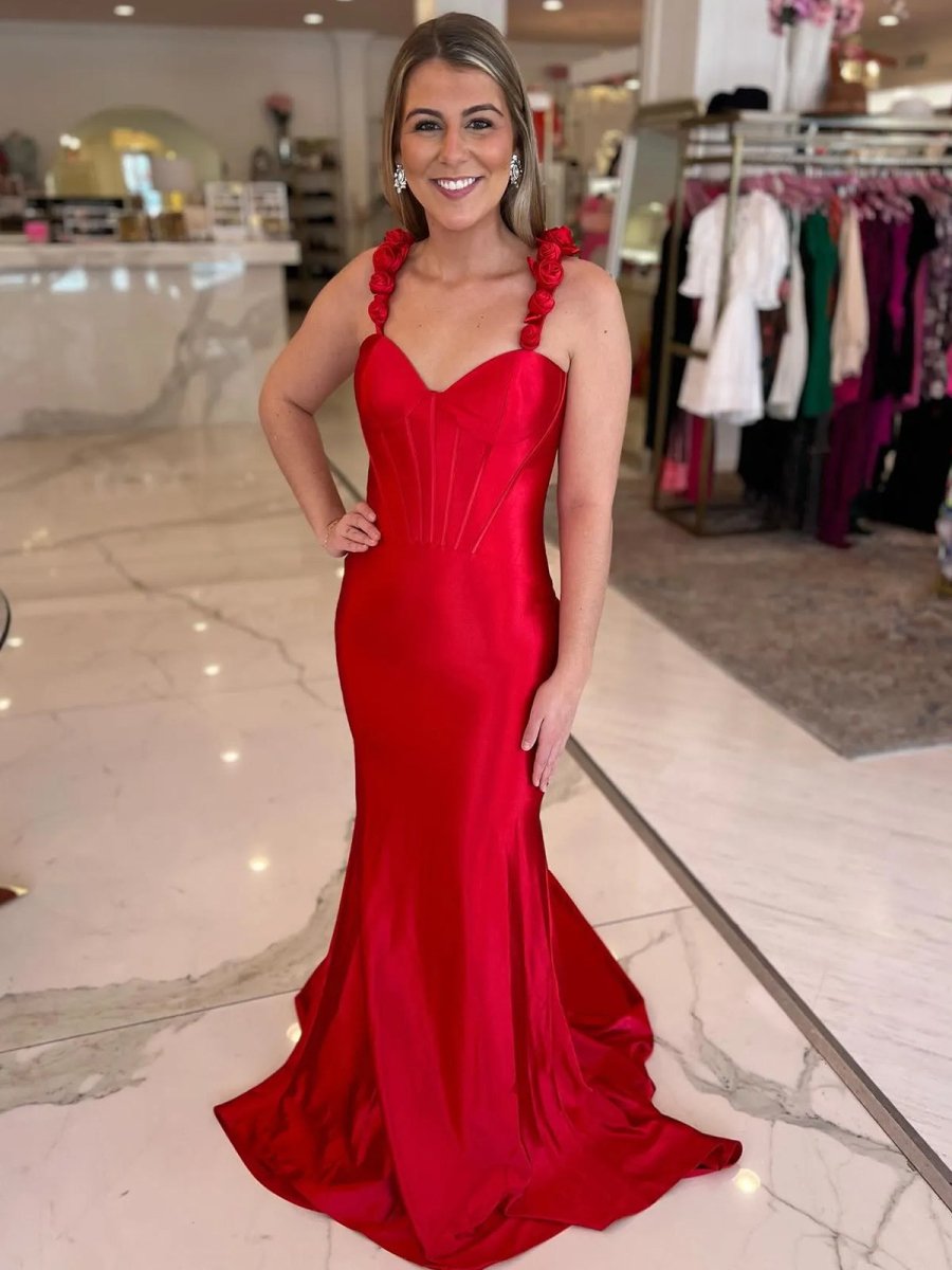 Hot Pink Floral Straps Mermaid Satin Long Prom Dress Hot Pink Floral Straps Mermaid Satin Long Prom Dress